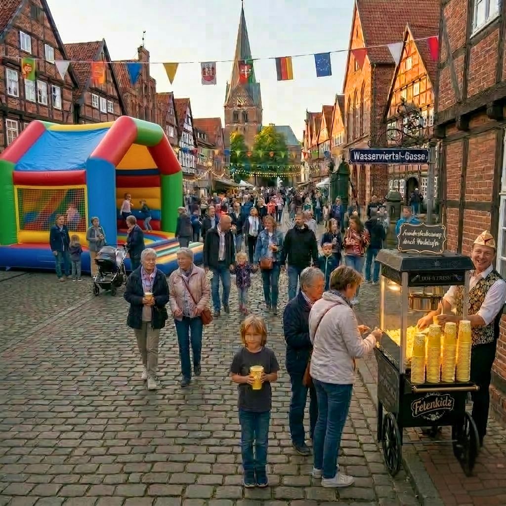Schwarze Popcornmaschine mit Nostalgie-Wagen von Fetenkidz im Einsatz auf einem belebten Stadtfest in Lüneburg.